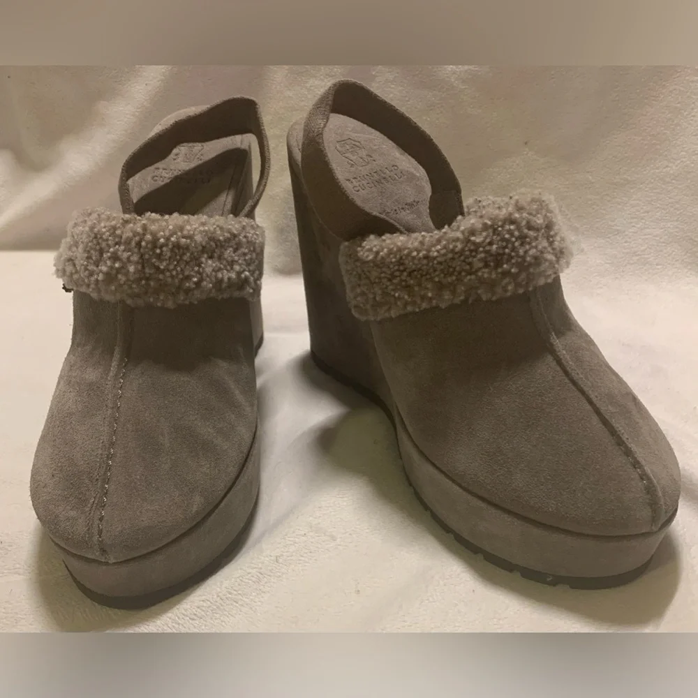 Brunello Cucinelli Suede Shearling Wedge Slingback Clogs Grey size EU 39 / US 9